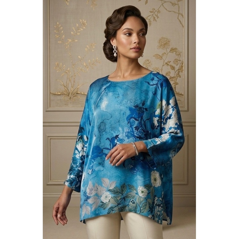 Citron Santa Monica Silk Blouse M Blue Floral Watercolor Art to Wear Top Luxury